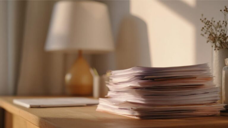 Cluttered desk with piles of paperwork in a cozy, minimalist home office.