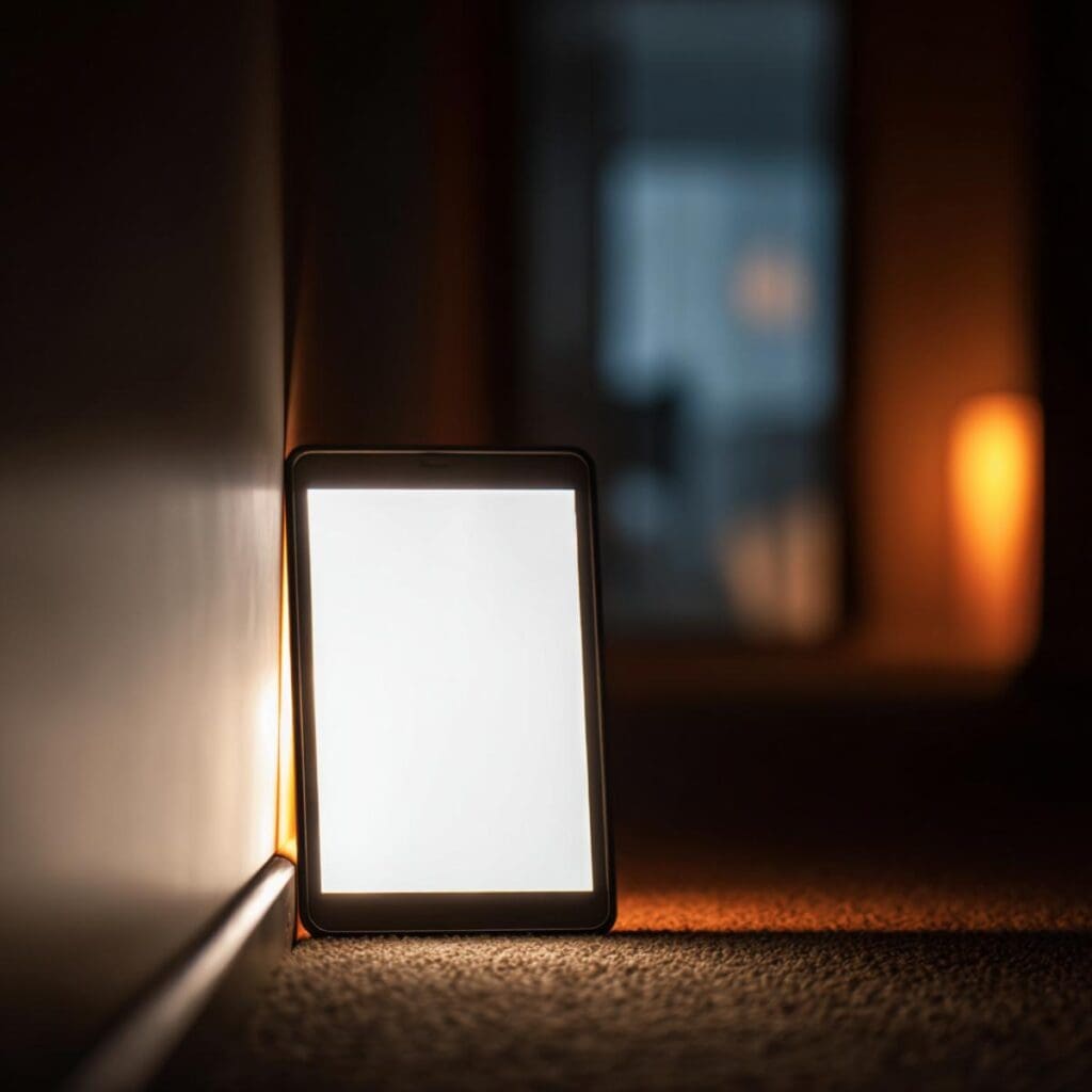 Bright tablet screen in a dimly lit room enhancing minimalistic living space.