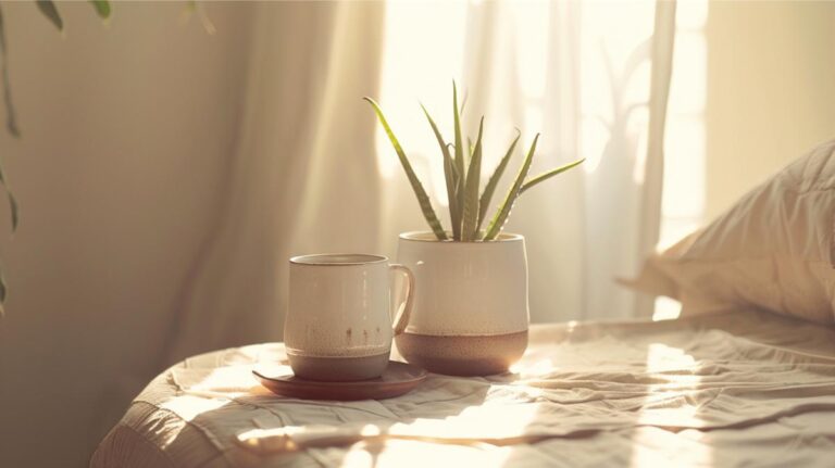 Serene bedroom with potted plant and coffee mug on bed, emphasizing minimalistic living.