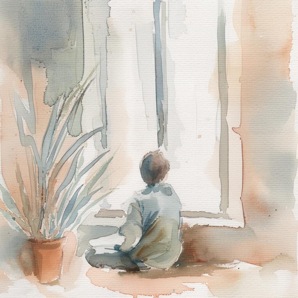Serene child sitting by window with houseplant, watercolor style emphasizing minimalism.