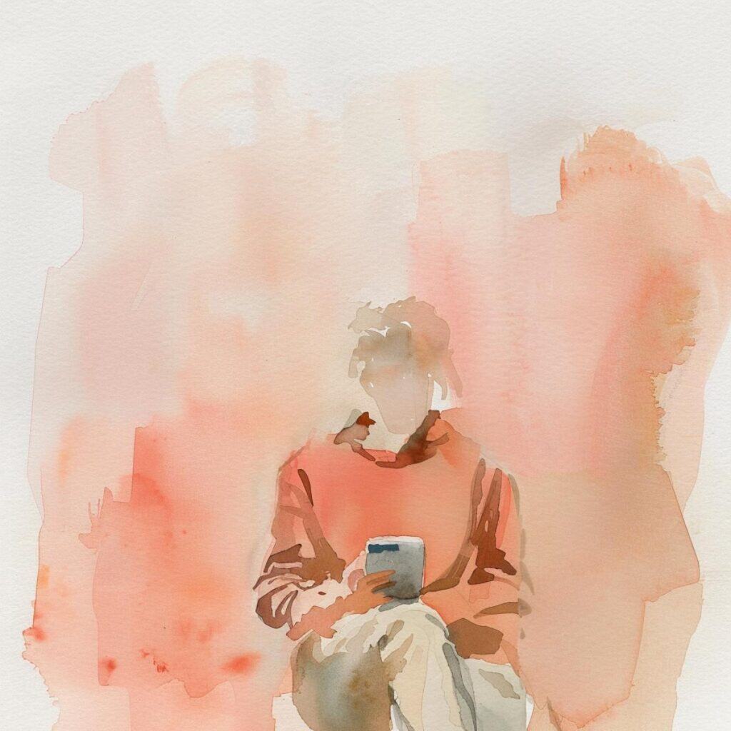 Personalized watercolor illustration of a woman using a smartphone, promoting mindful living and digital minimalism.