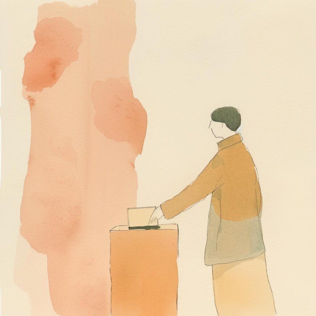 Soothing minimalist illustration of a person using a laptop with a watercolor abstract background, emphasizing digital detox and mindful living.