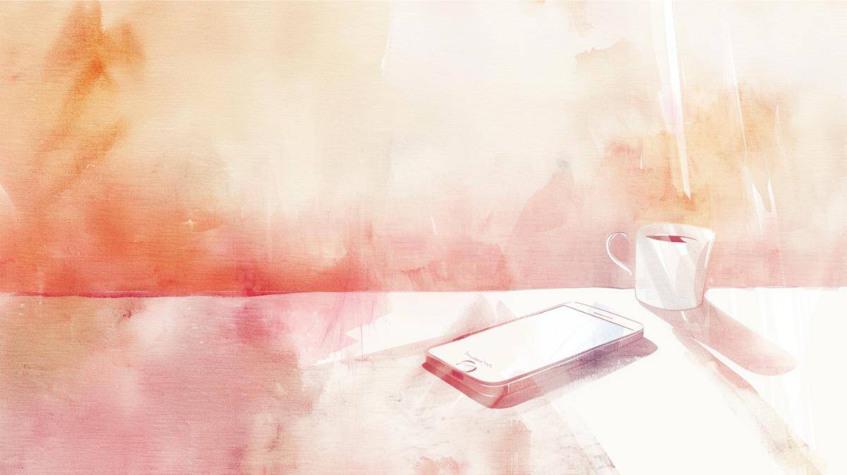 Bright minimalist workspace with smartphone and coffee mug for Lessful Living.