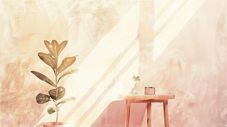 Cozy minimalist interior with houseplant and wooden table for sustainable living.