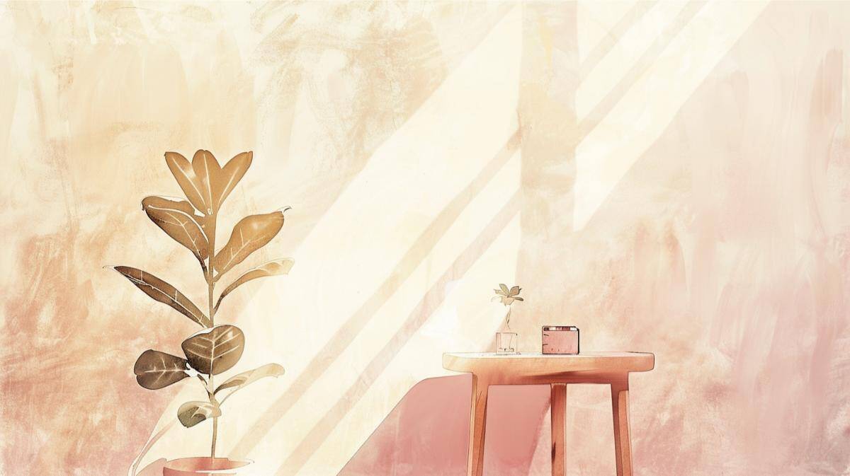 Cozy minimalist interior with houseplant and wooden table for sustainable living.