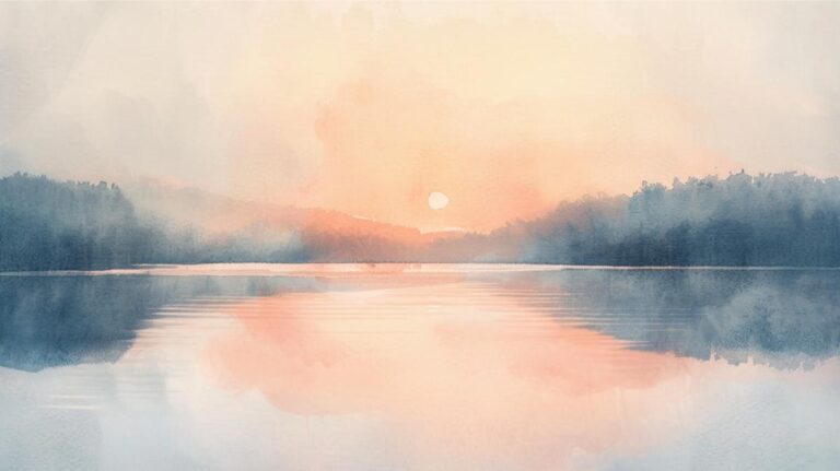 Peaceful lake at sunset with watercolor effect, promoting minimalism and mindful living.