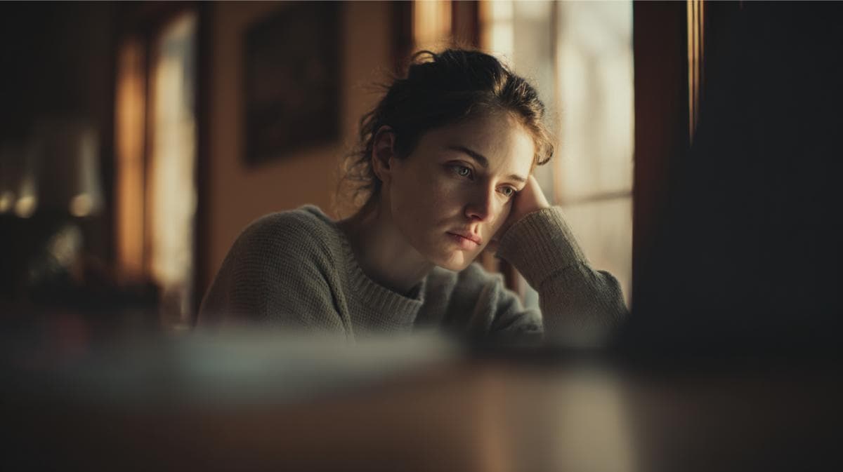 Contemplative woman sitting by window, feeling reflective and overwhelmed, seeking peace and clarity.