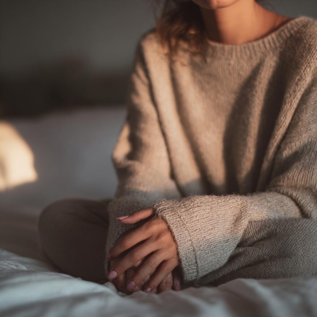 Cozy beige knitted sweater, calm relaxed woman, comfortable casual fashion, soft warm clothing, minimalist home decor, self-care lifestyle, lessful living, slow living, mindful relaxation, simple living.