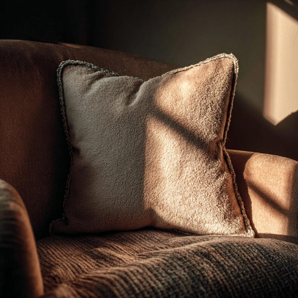 Cozy throw pillow on a textured sofa bathed in warm sunlight.