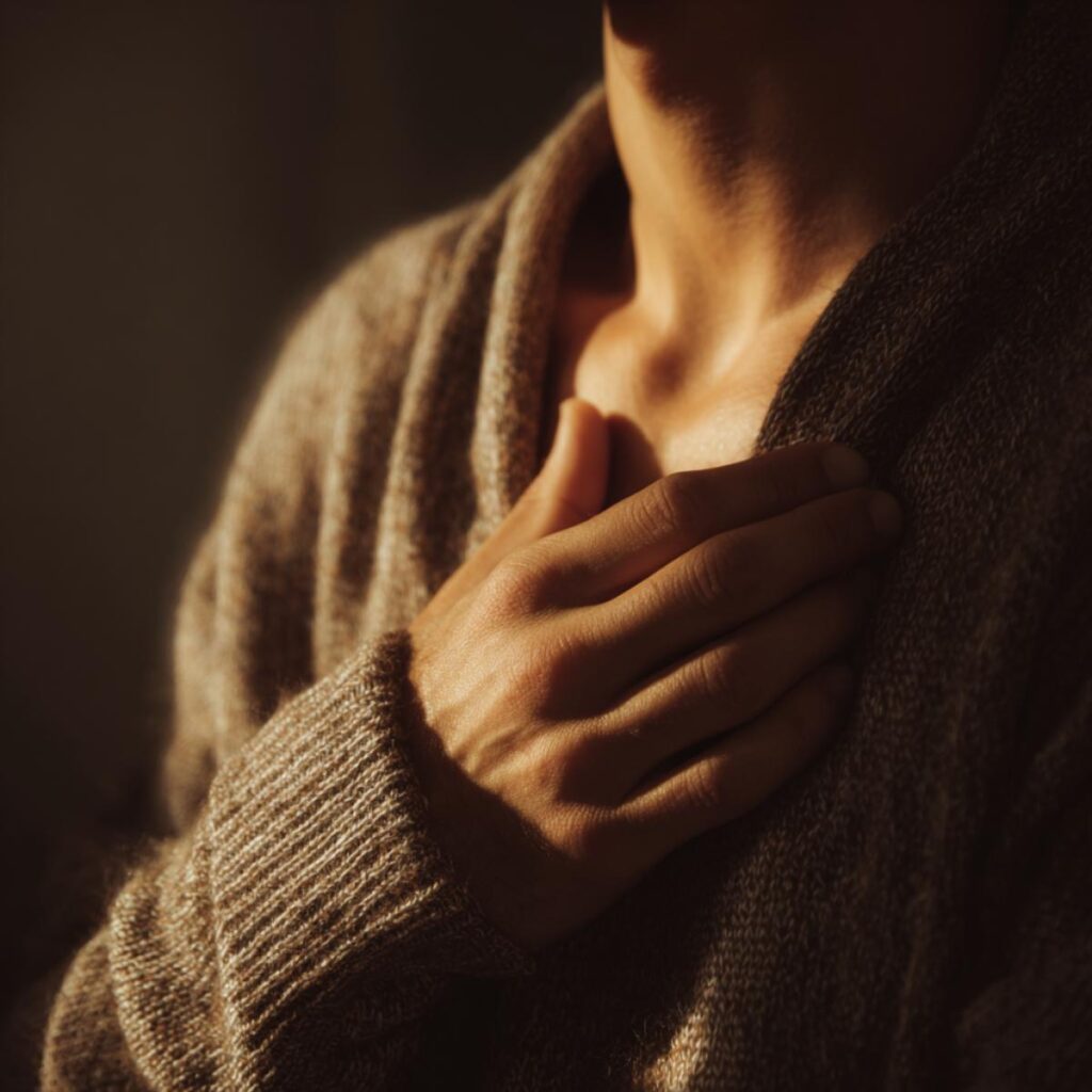 Comfortable cozy sweater in warm earthy tones for sustainable living.