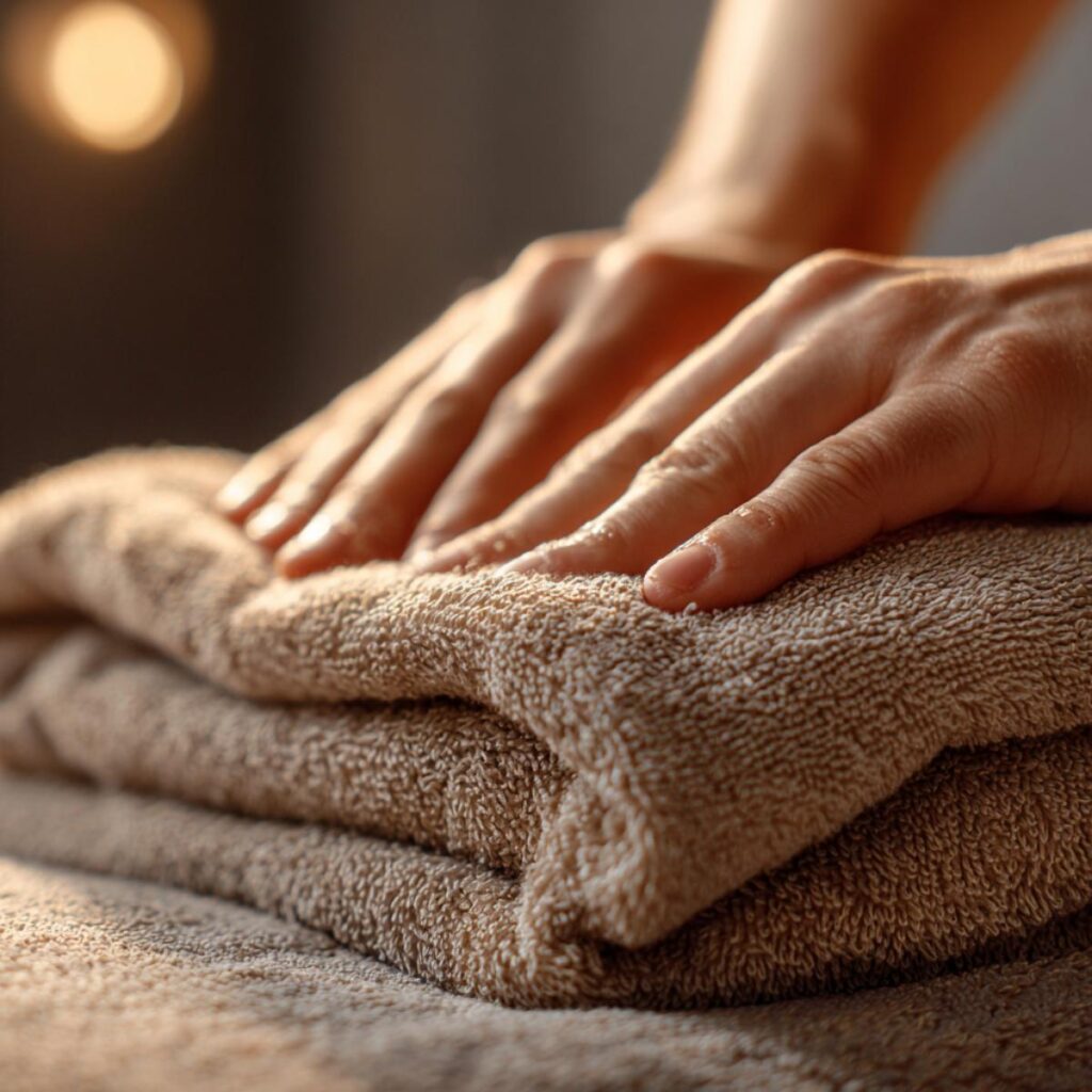 Clean, folded beige towel on bed for relaxing and decluttering lifestyle.