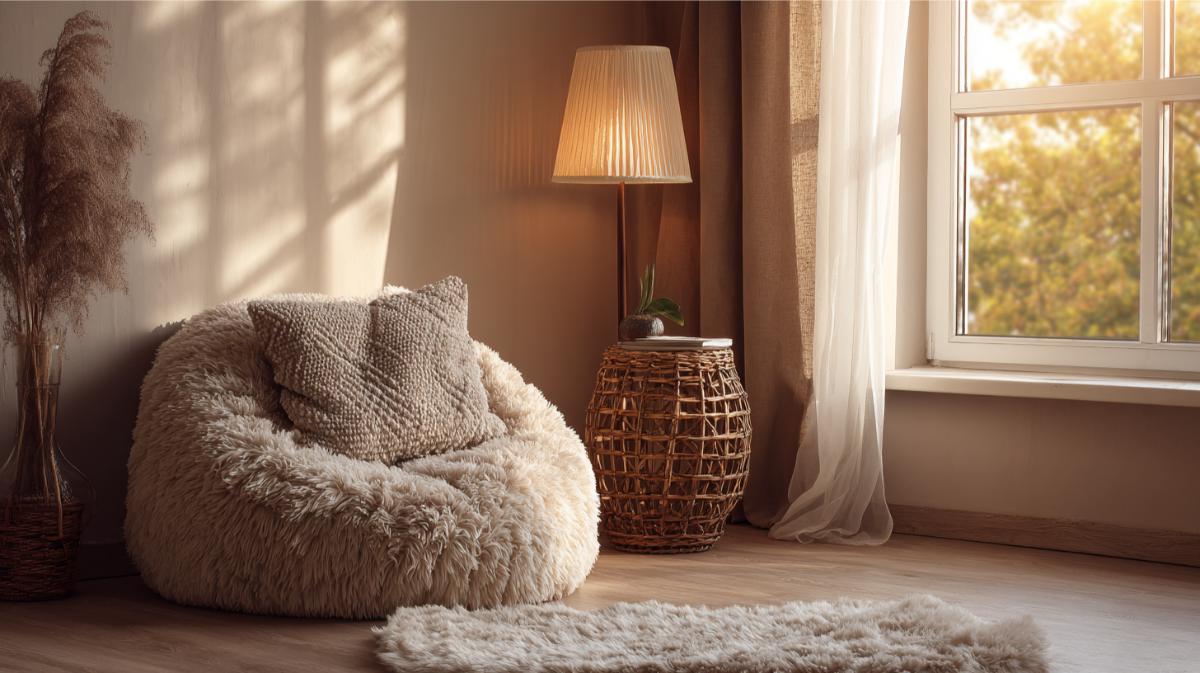 Cozy living room corner with plush furry chair and warm ambient lighting.