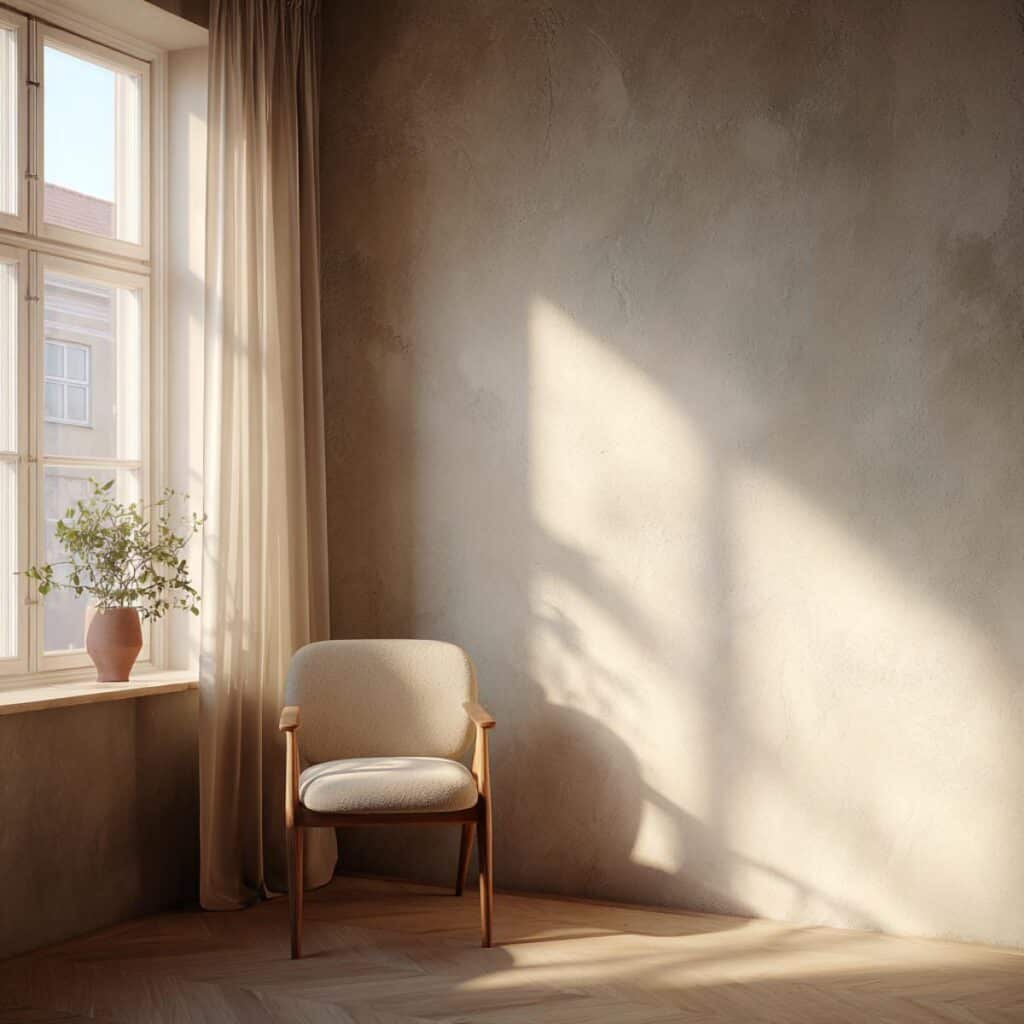 Serene interior with sunlight streaming through window, minimalist decor, cozy lounge area.