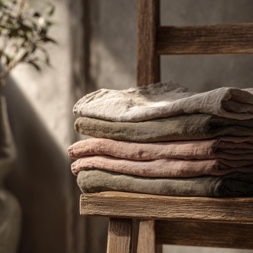 Soft, earth-toned linen clothes neatly folded on a rustic wooden shelf for a minimalist, eco-friendly lifestyle.