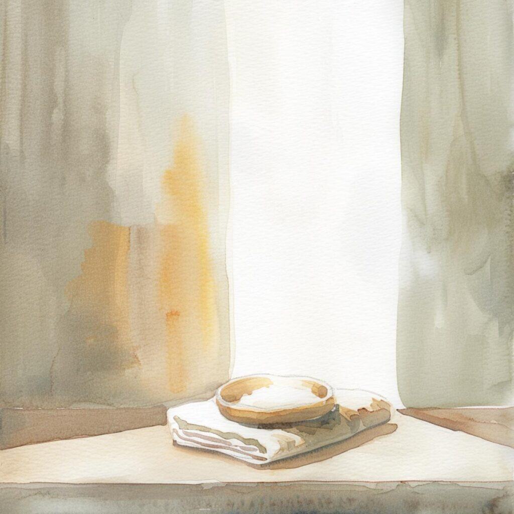 Soft sunset curtains with cozy place setting, minimalist lifestyle, cozy home decor, natural light, watercolor style.