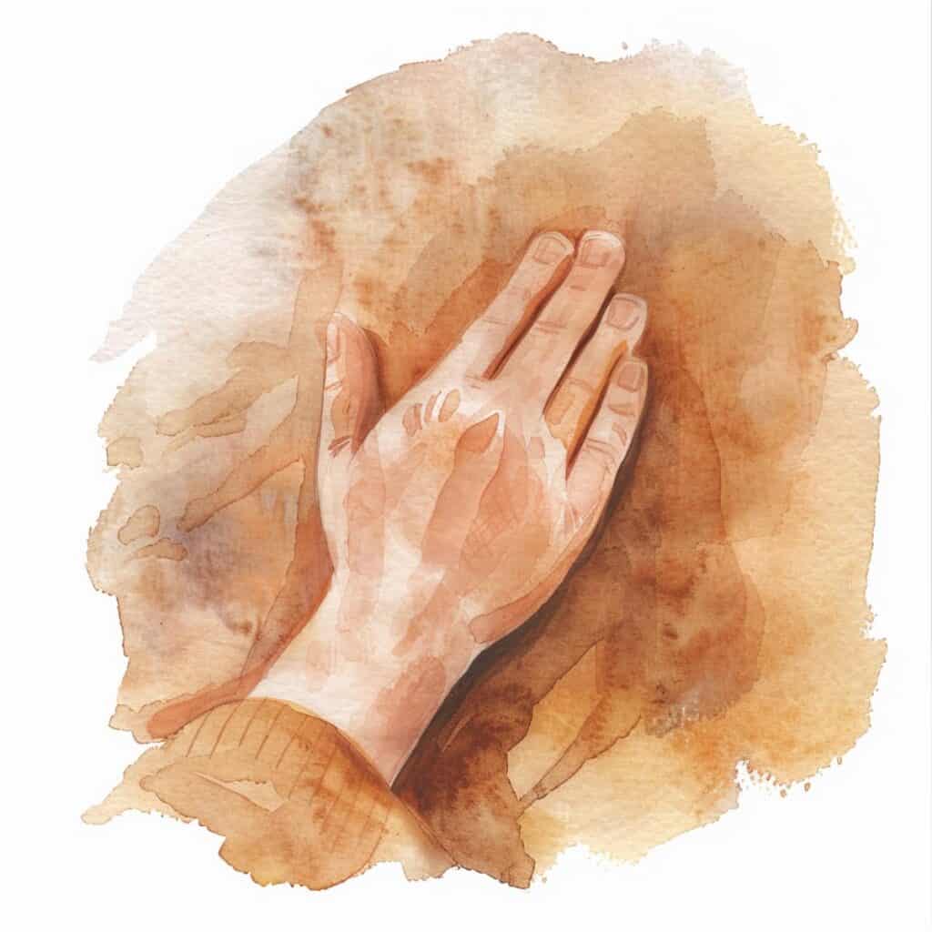 Delicate hand gently touching textured paper watercolor illustration.