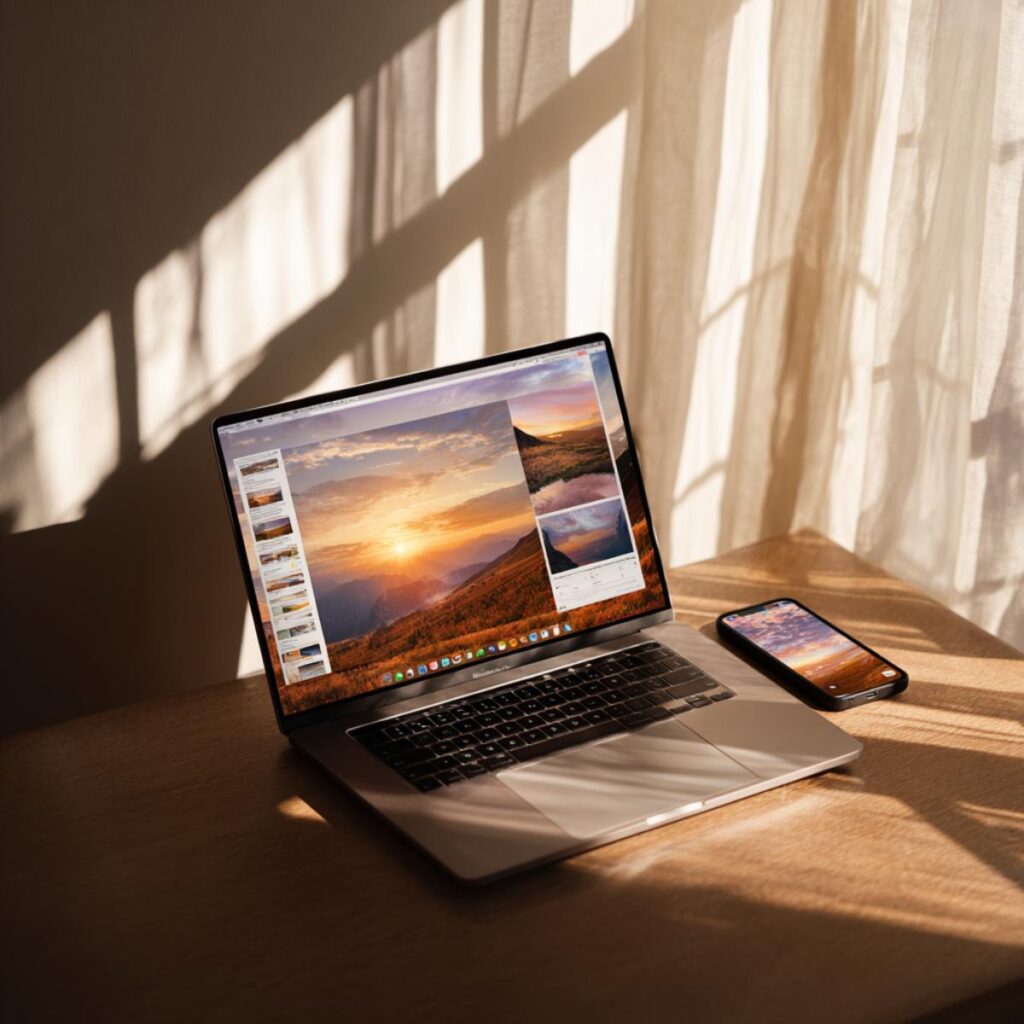 Laptop displaying scenic sunset photos on a wooden desk with warm sunlight and shadows.