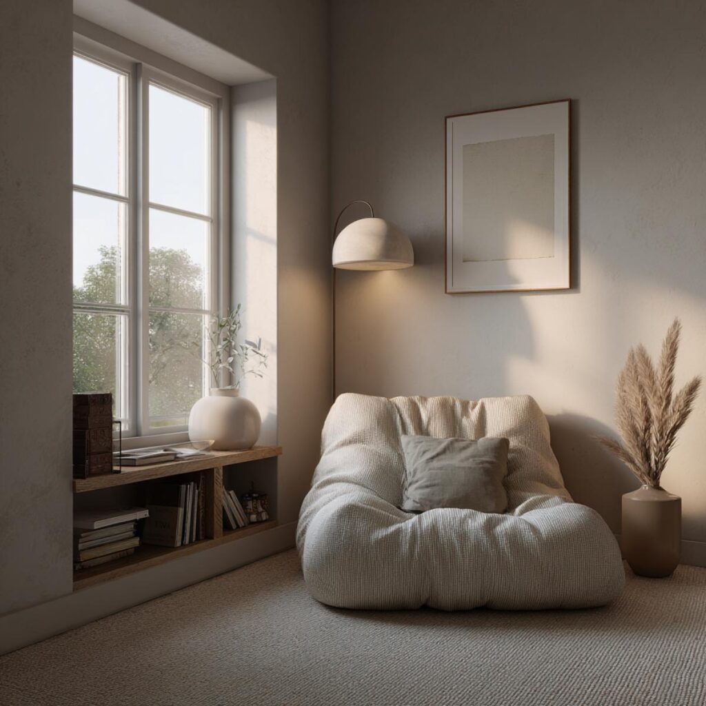 Modern chair near a window in a bedroom