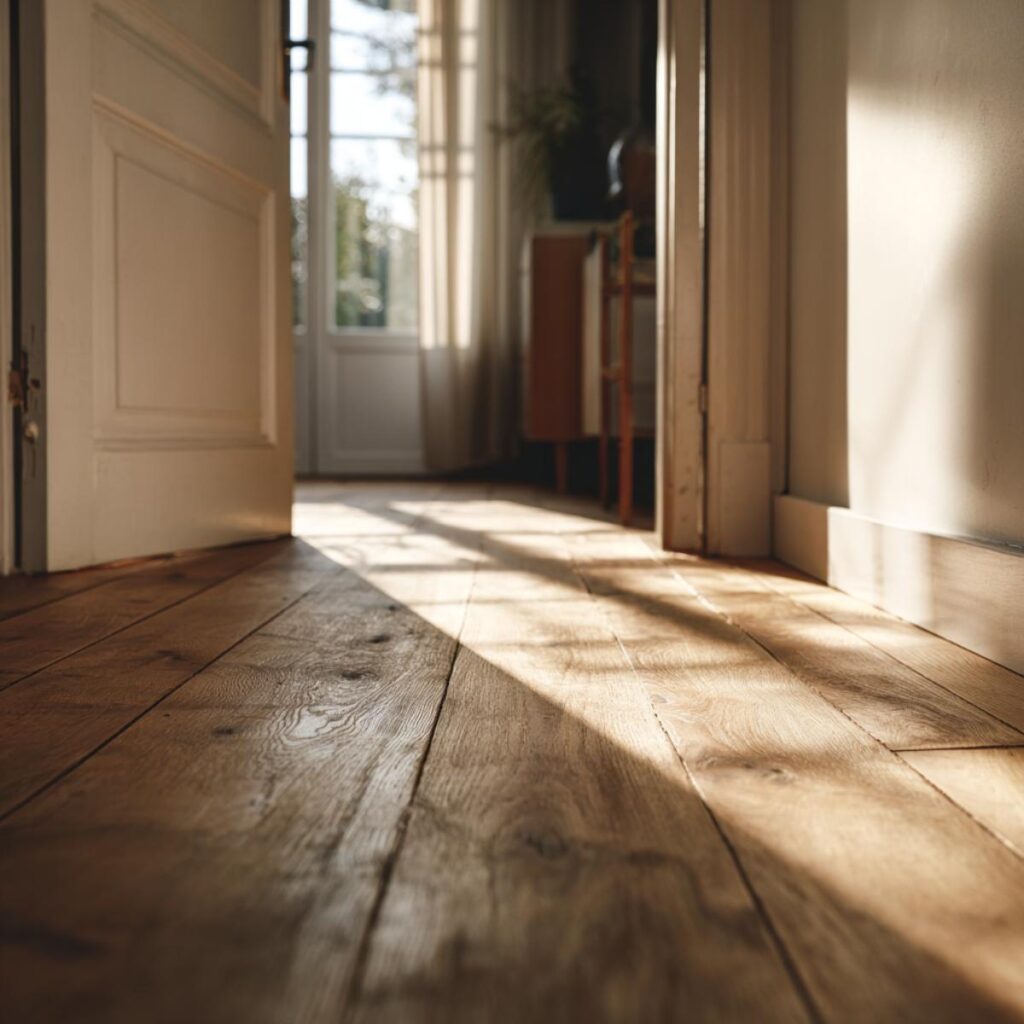 Sunlit wooden floor in cozy home interior with open door, natural light, and warm ambiance.