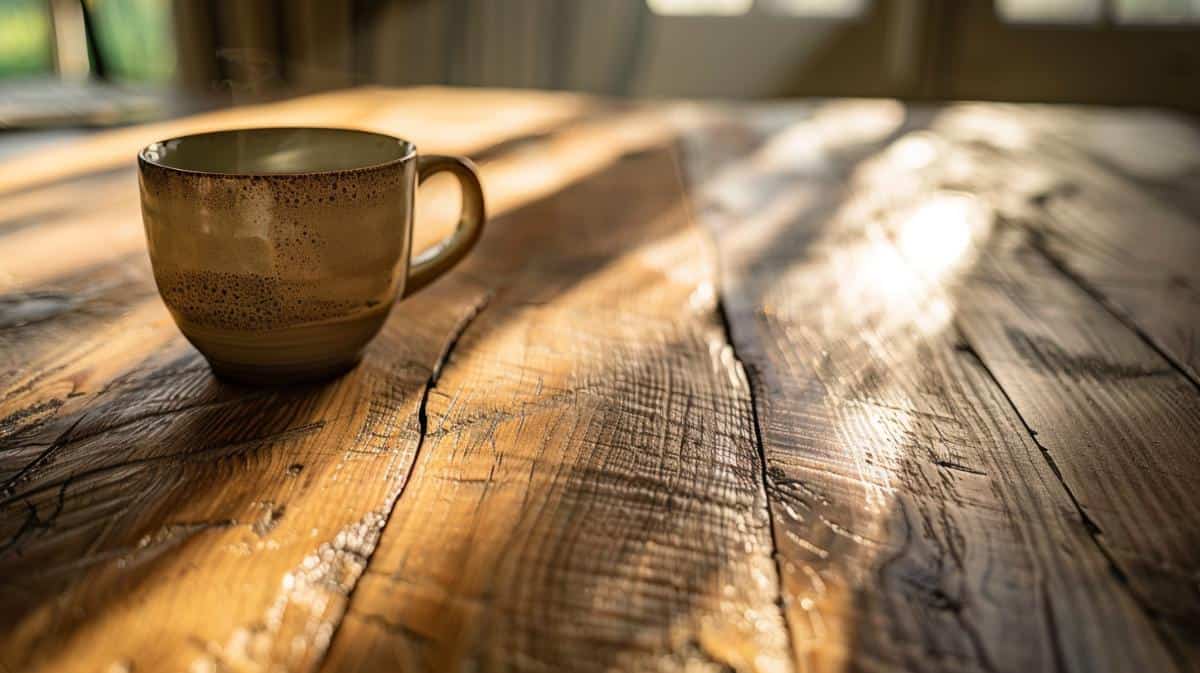 Rustic ceramic coffee mug on a reclaimed wood table, warm sunlight, cozy minimalistic home decor.