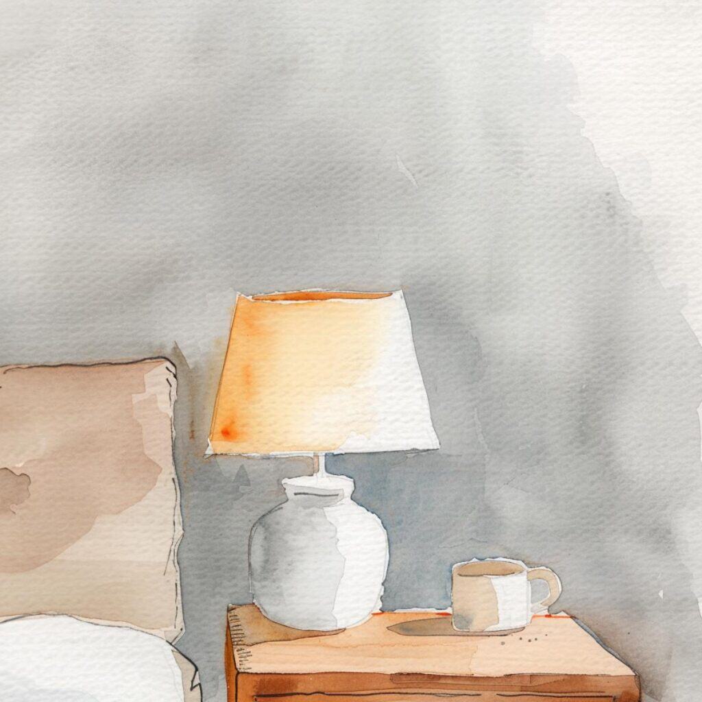 Cozy bedroom with table lamp and coffee mug for minimalist living aesthetic.