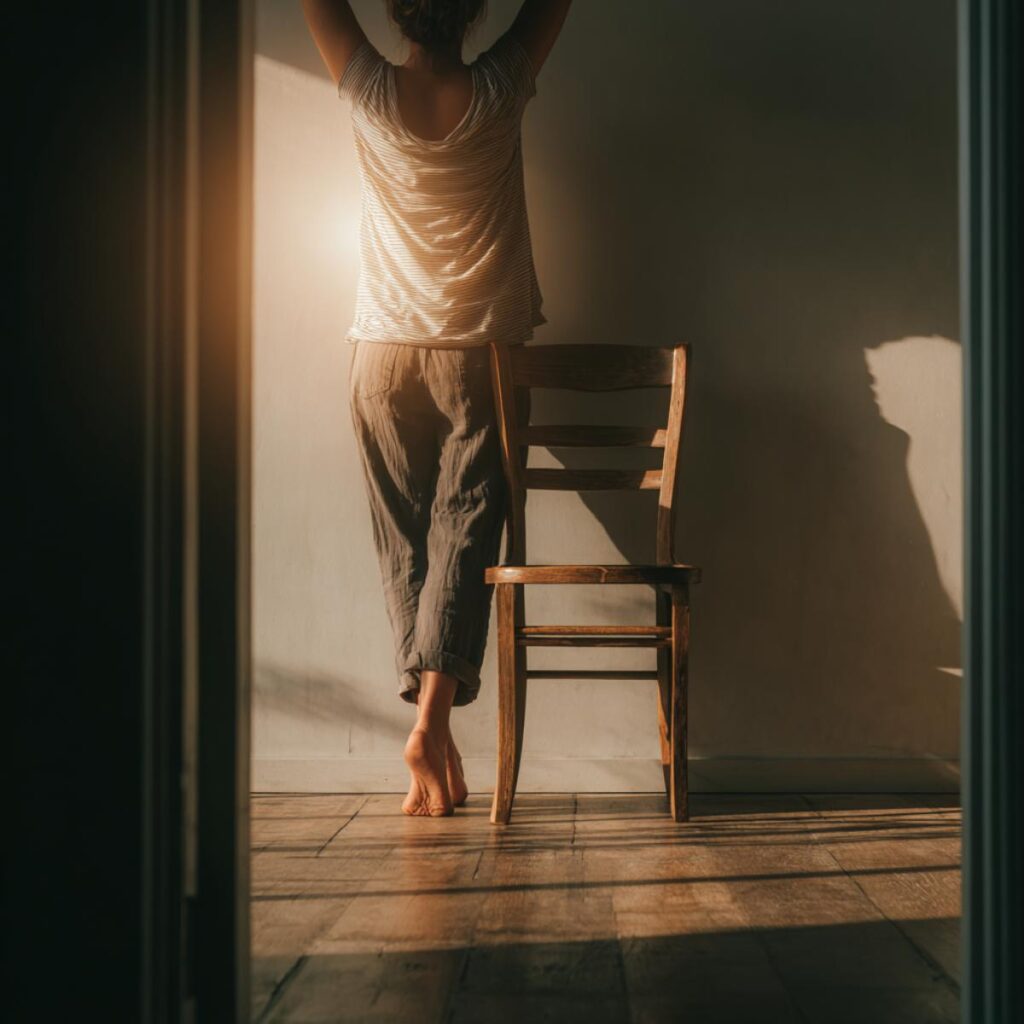 Peaceful morning routine with sunlight, relaxed woman stretching at home.