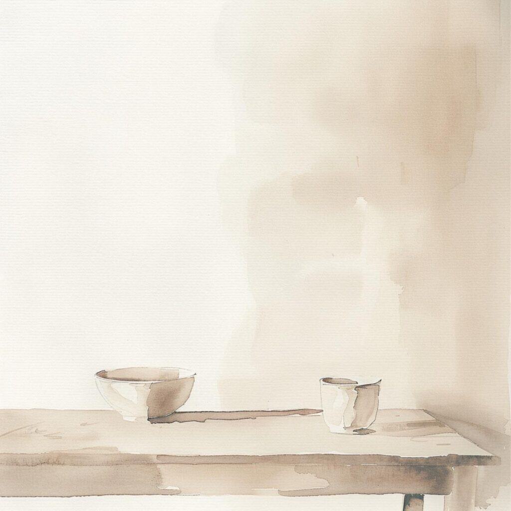 Simple minimalist ceramic bowls on a wooden table, emphasizing a decluttered, peaceful living space.