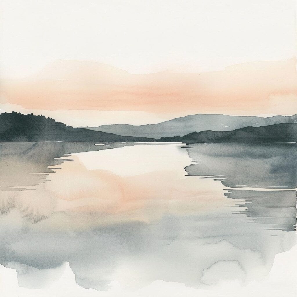 Calm lake watercolor painting with mountains and pastel sunset sky, promoting peaceful living.