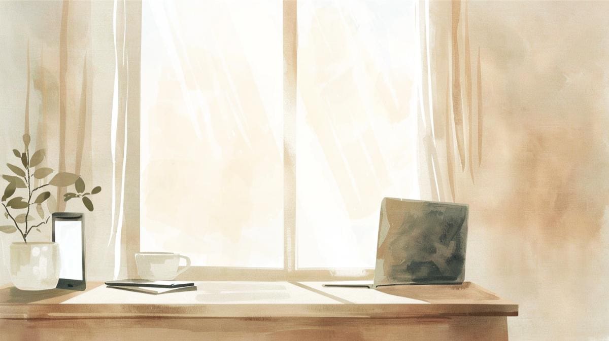 Quiet home workspace with sunlight, laptop, and minimal decor for mindful living.