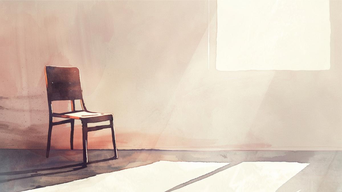 Empty chair in minimalist room with sunlight streaming through window, promoting simple living.