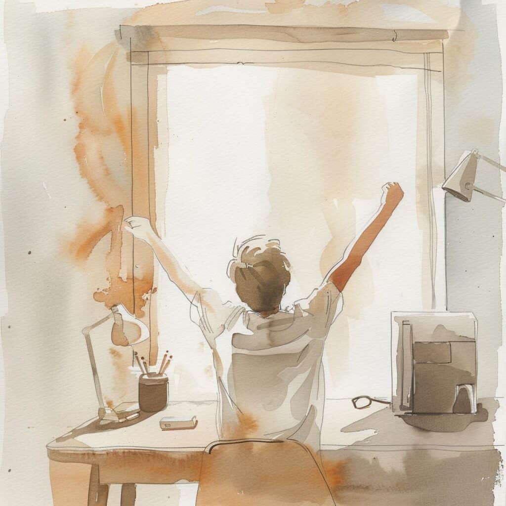 A person stretching at their desk