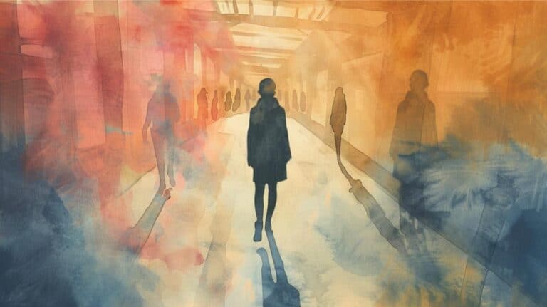 Calm person walking in an artfully blurred, colorful modern hallway, emphasizing mindful living and minimalism.