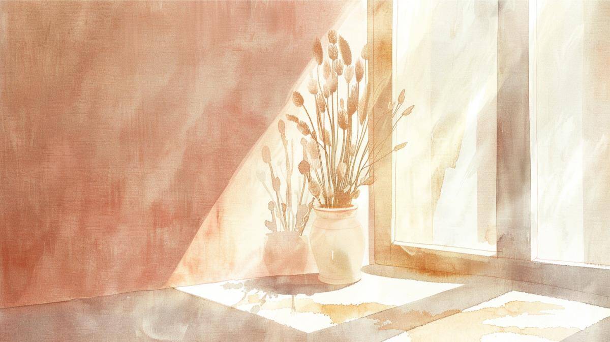 Soft sunlight illuminating a simple vase with dried flowers on a windowsill, enhancing cozy minimalist decor.