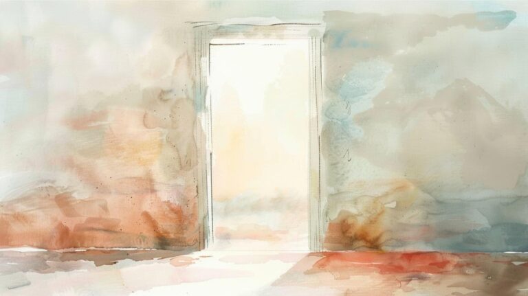 Light-filled doorway with watercolor textured walls emphasizing minimalist and serene living.