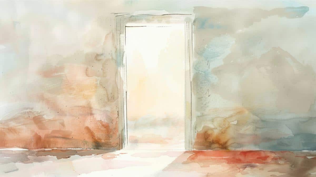 Light-filled doorway with watercolor textured walls emphasizing minimalist and serene living.