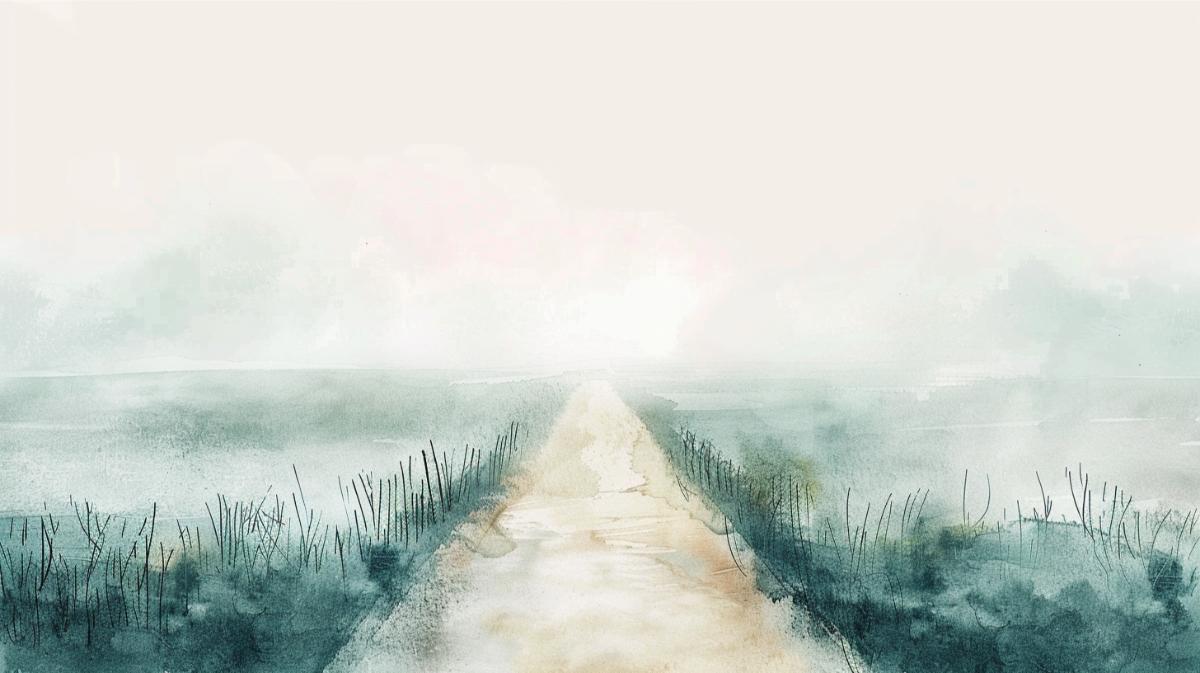 Tranquil rural pathway surrounded by fields, watercolor style, peaceful nature scene.