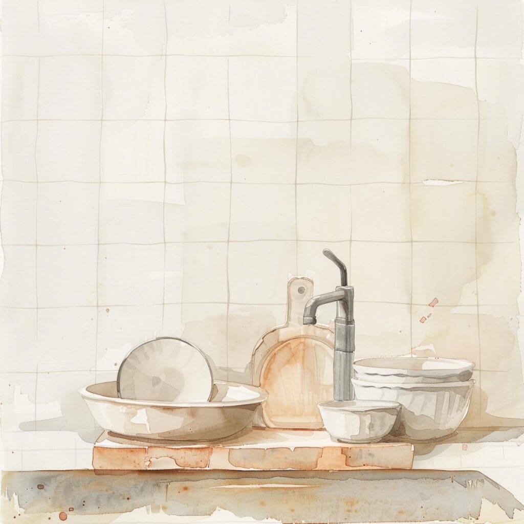 Dirty dishes next to the sink