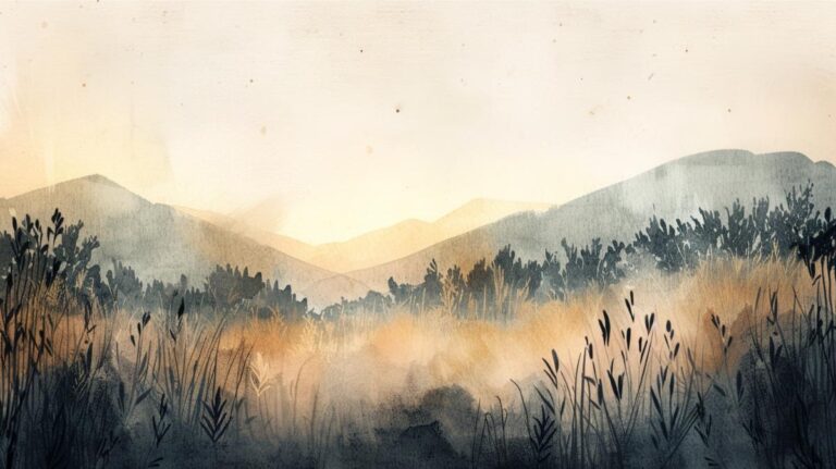 Serene watercolor landscape of mountains and grass, promoting minimalist and eco-friendly living.