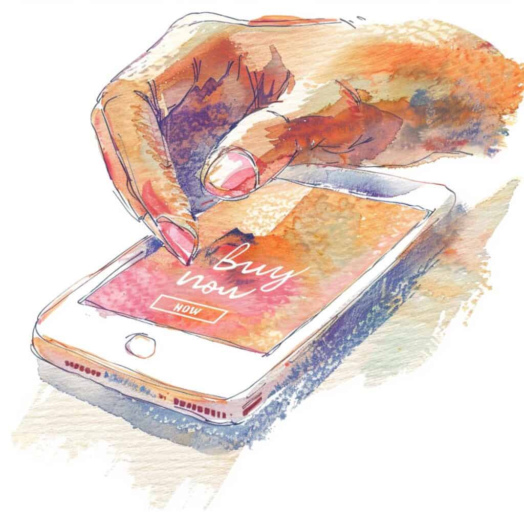 Hand hovering over buy now button on phone
