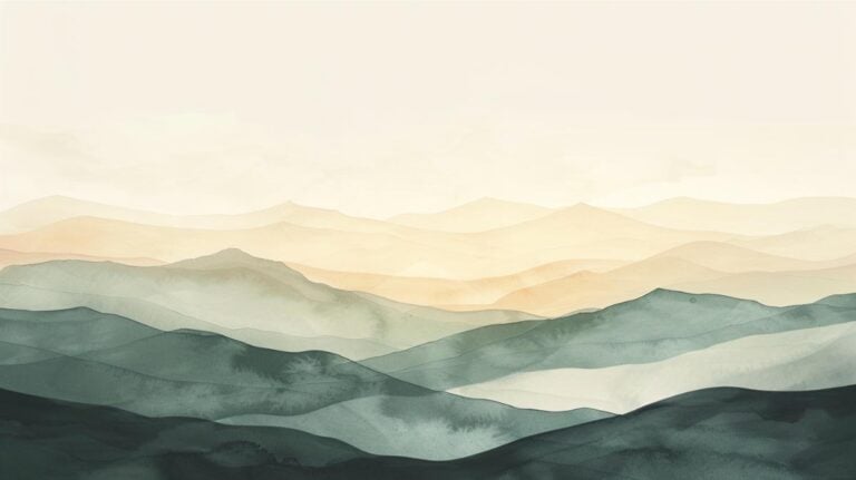 Serene watercolor mountain landscape ideal for minimalist, eco-friendly living inspiration.
