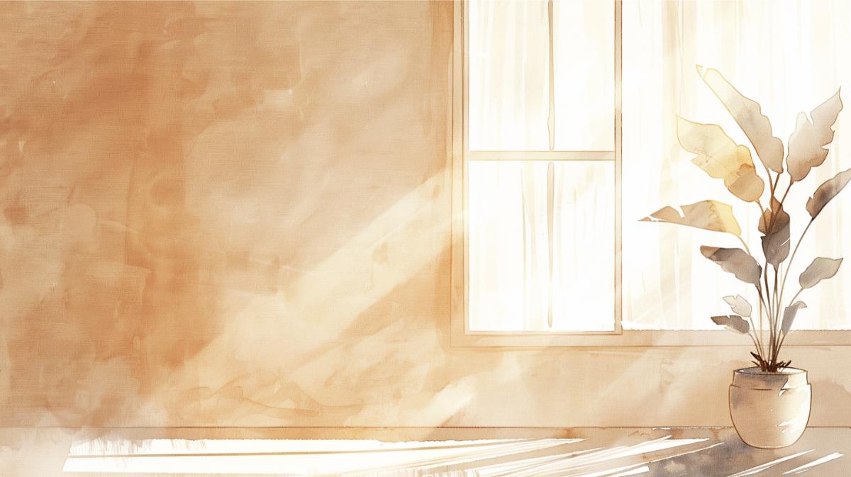 Calm, minimalist living space with sunlight and indoor plant for peaceful living.