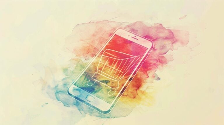 Mobile shopping cart app on a smartphone, digital marketplace, online shopping, e-commerce, retail technology.