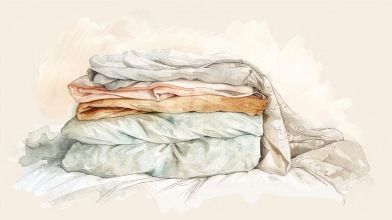 Colorful folded bed linens in a neat stack, emphasizing simple, sustainable living.