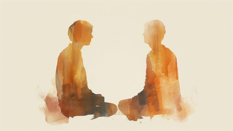 Gentle watercolor illustration of two people sitting cross-legged facing each other for mindful connection.