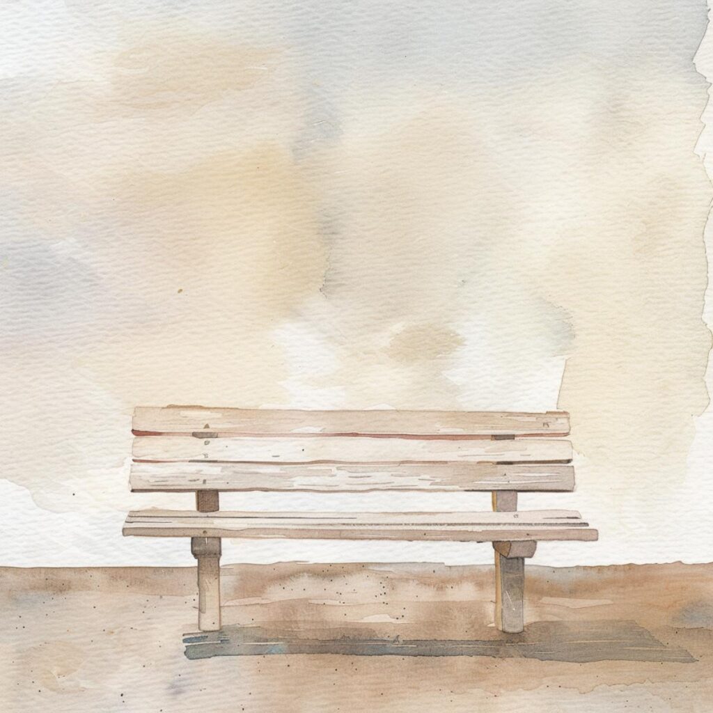 Empty wooden bench on a neutral background, promoting minimalism and simple living.