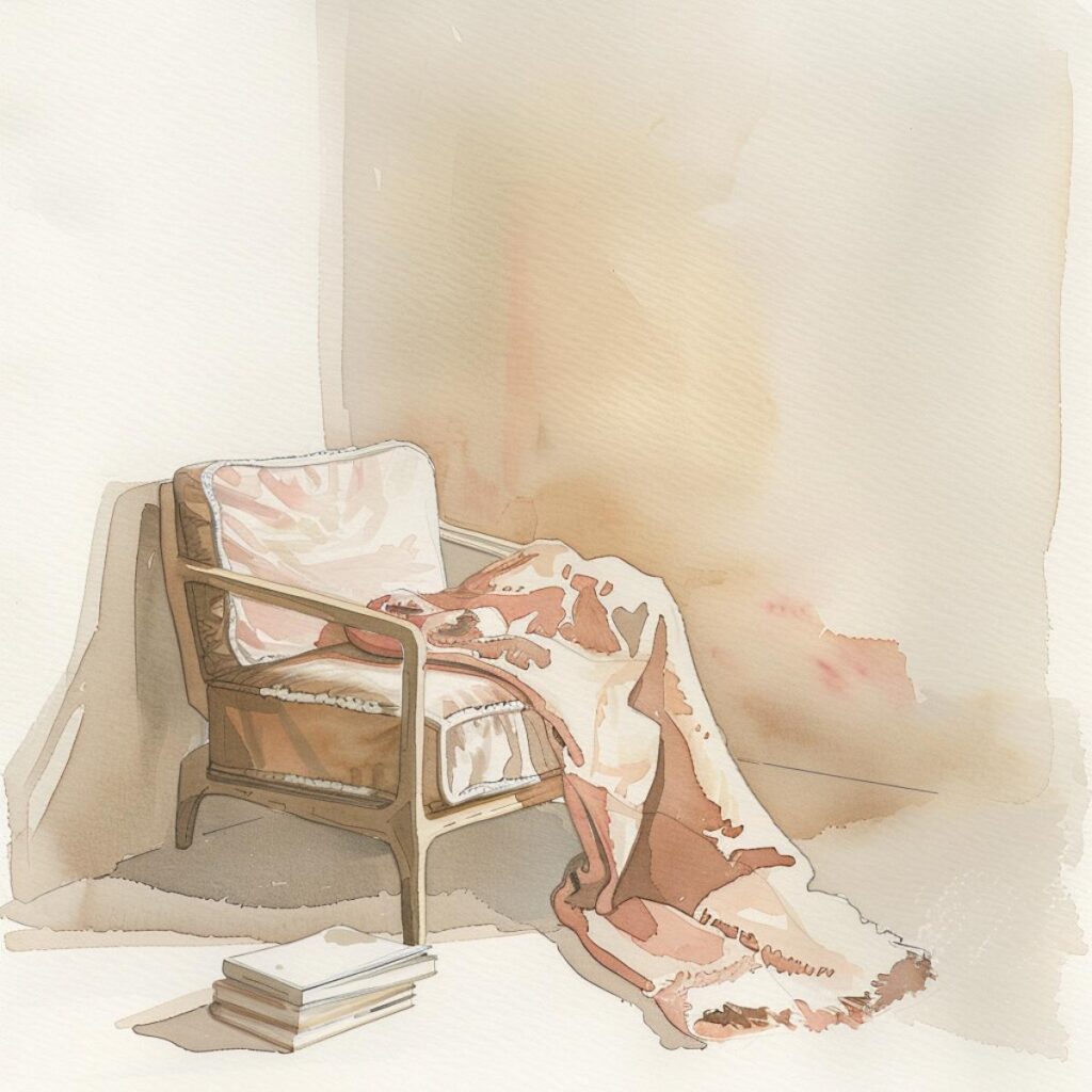 Cozy reading nook with armchair, blanket, and books for minimalist living and relaxation.