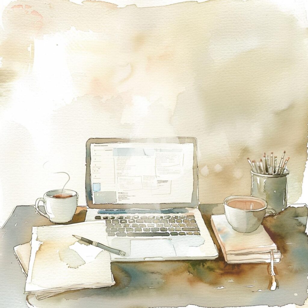 Cozy workspace with laptop, coffee, and stationery on wooden desk, promoting minimalist living.