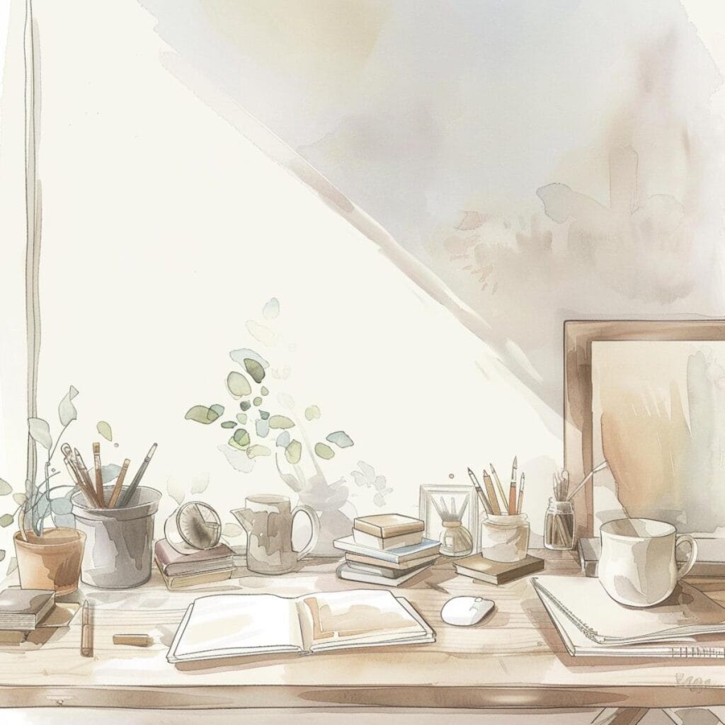 Clutter-free eco-friendly workspace with plants, books, and stationery, promoting minimal living.