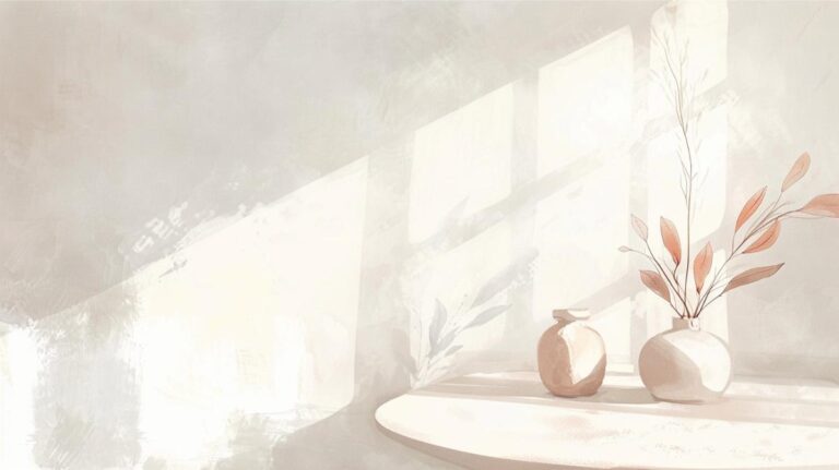 Serene minimalist interior with vases and natural sunlight, promoting a lessful lifestyle.