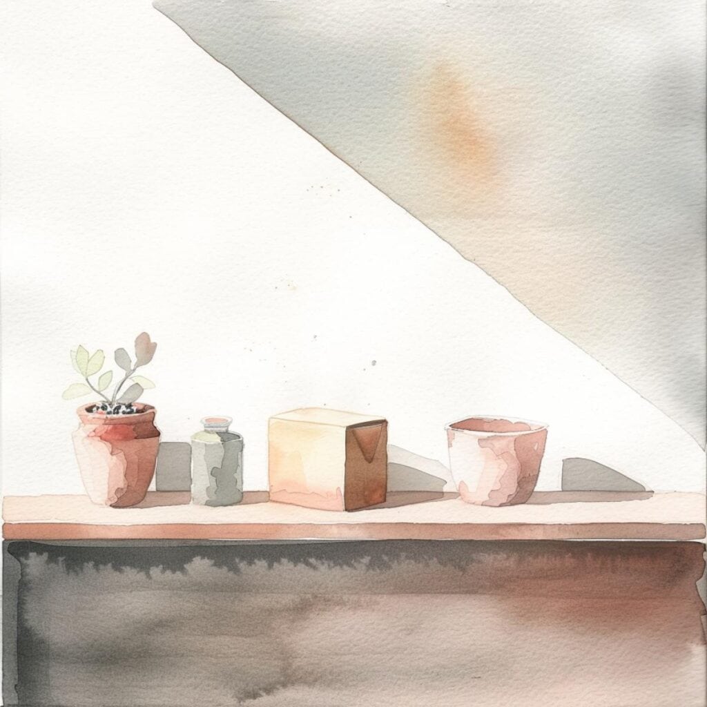 Minimalist plant and candle arrangement on a shelf, watercolor style.